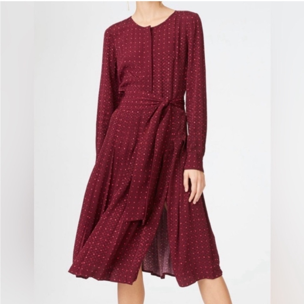 Club Monaco Burgundy Pink Polka Dot Pleated Belted Waist Midi Dress Size 6